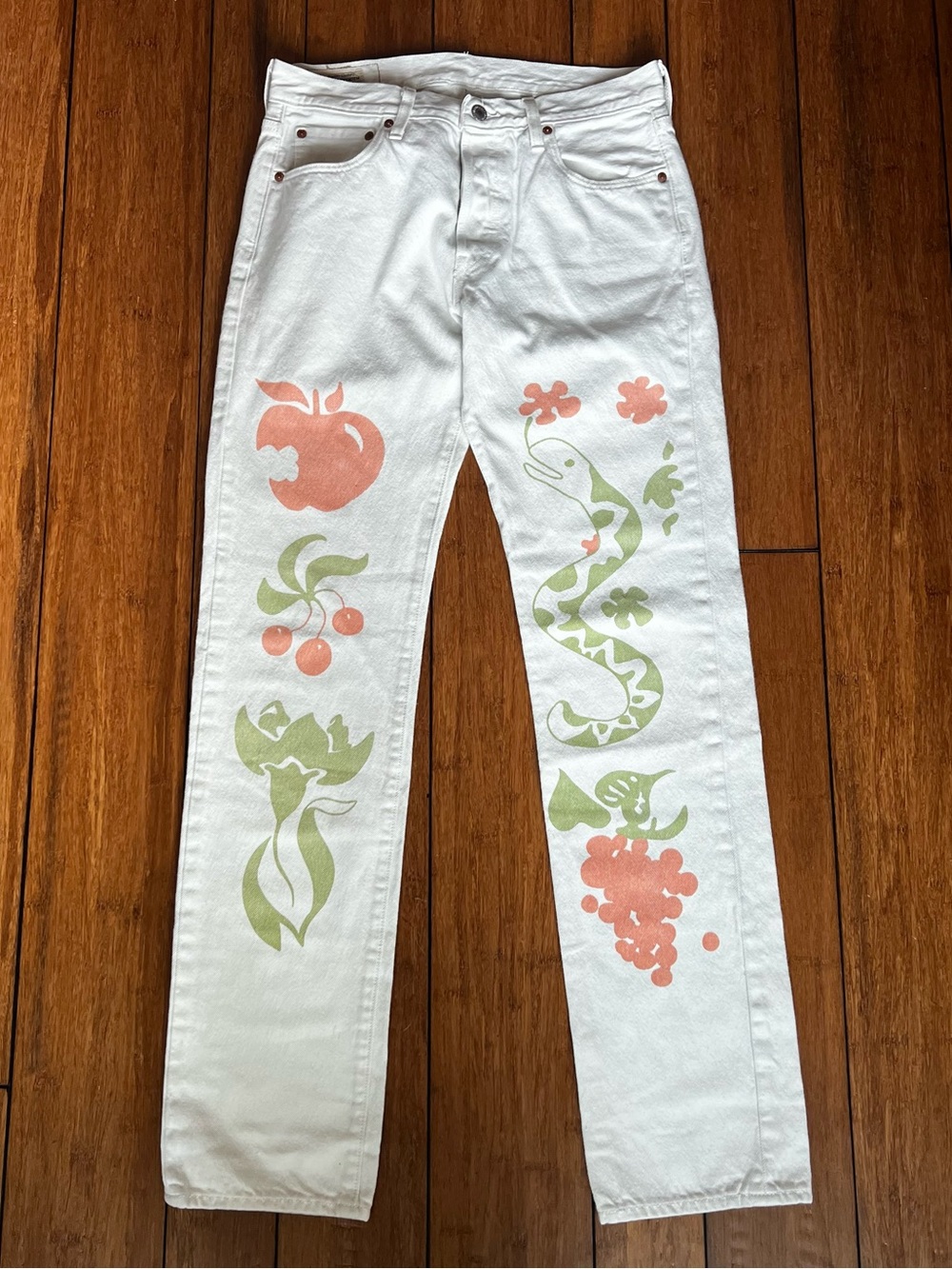 Levi's White Straight-Leg Jeans with Green & Coral Prints